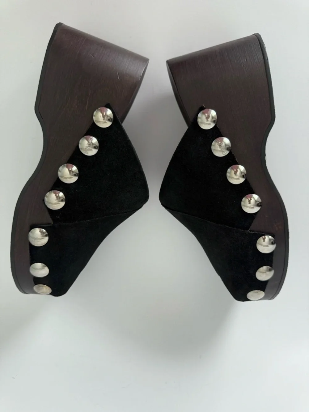 GANNI Retro Studded Wood Black Suede Clogs Open Toe Wedge - Picture 5 of 16